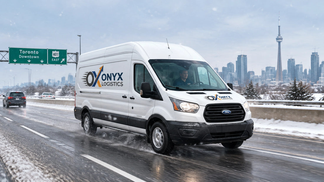 White delivery van travelling on a snow-dusted Ontario highway near Toronto