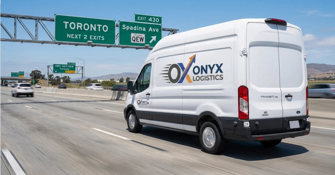 Onyx Logistics branded white delivery van travelling toward Toronto on a Southern Ontario highway