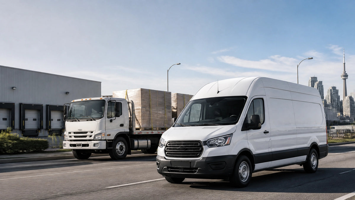 Hot shot truck and same-day courier van travelling through an Ontario industrial corridor
