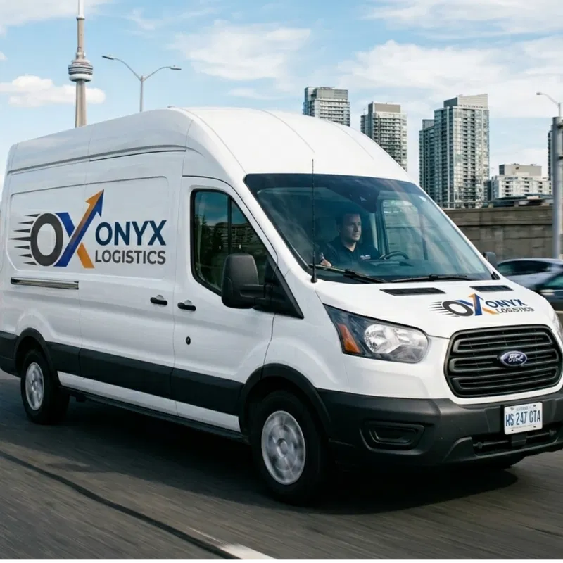 Onyx Logistics freight van travelling toward Toronto on a highway