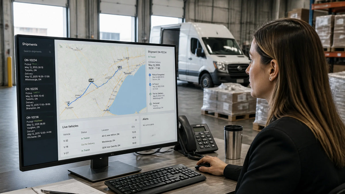 Logistics coordinator reviewing a real-time freight tracking dashboard for shipments moving through Southern Ontario